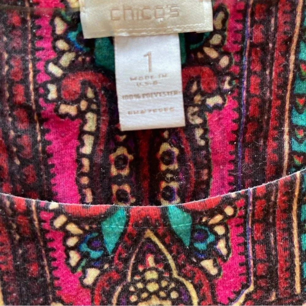 Chico’s Multicolor Jeweled Ruched Tie Sleeve Blouse Women’s Size 1 or Medium 8 - Picture 6 of 9